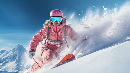 Woman skier jumping in the snow mountains on the slope with her ski and professional equipment on a sunny day, skier on the slope, the process of skiing, copy space