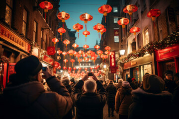 Chinese new year lanterns. People on the street celebrating the traditional festival - obrazy, fototapety, plakaty