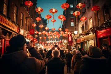 Fotobehang Chinese new year lanterns. People on the street celebrating the traditional festival © Alfonso Soler