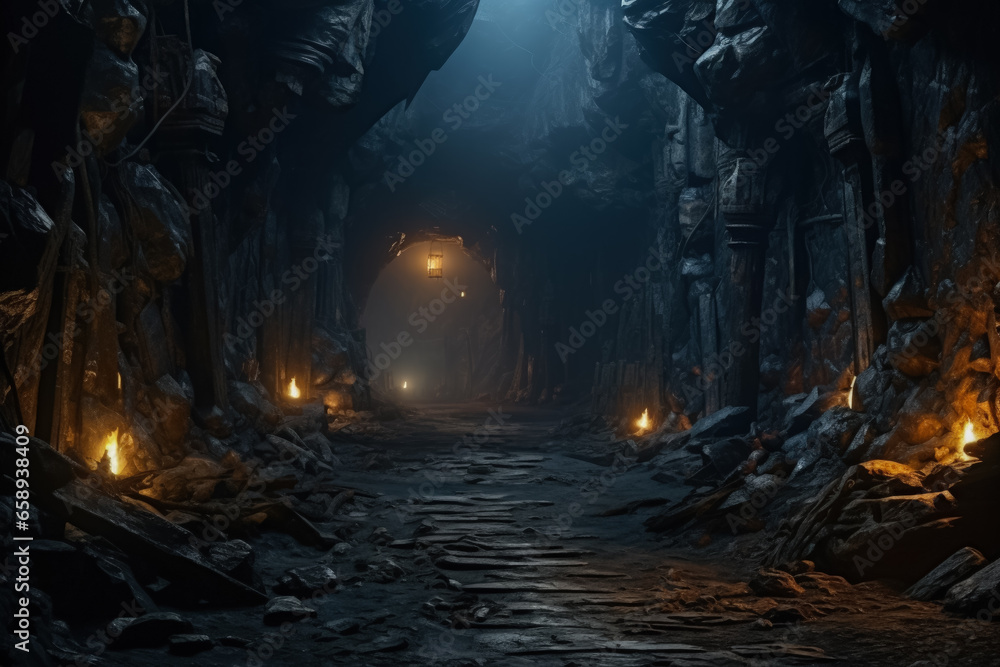 Poster gloomy cave entrances under eerie lights background with empty space for text