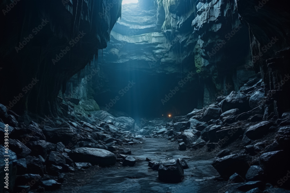 Poster gloomy cave entrances under eerie lights background with empty space for text