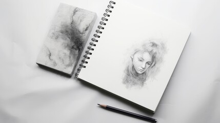 A sketchbook with a pencil and a face on a white background. The sketchbook is open and has a spiral binding. The left page has a sketch of a tree trunk. The right page has a sketch of a face The