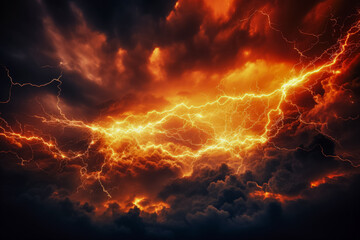 Fototapeta na wymiar Fiery lightning strikes under stormy hellish skies background with empty space for text 