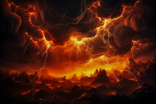 Fiery lightning strikes under stormy hellish skies background with empty space for text 