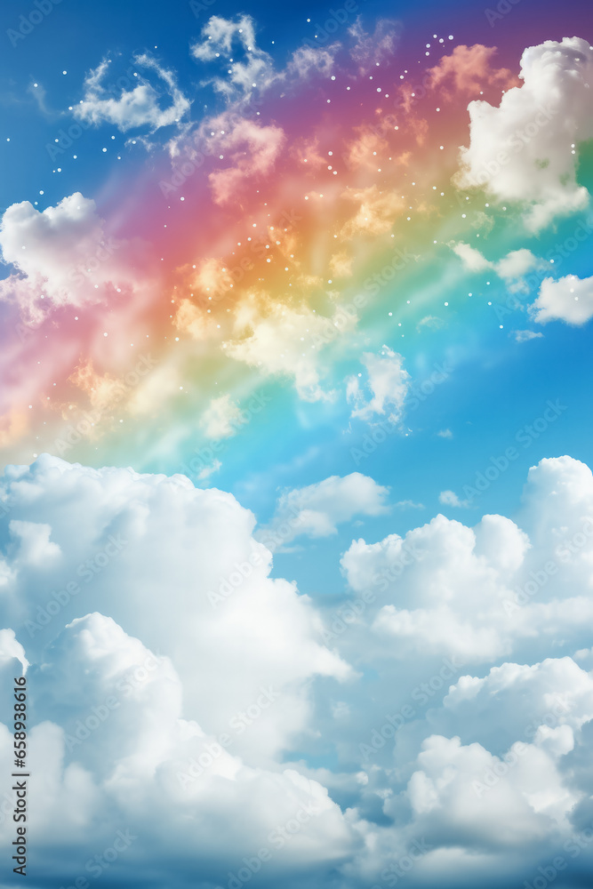 Poster divine rainbow spectacle in rainy skies background with empty space for text