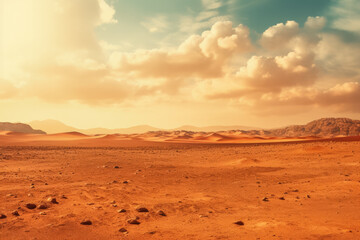 Fototapeta na wymiar Bleak desert panorama under torrid sun background with empty space for text 