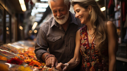 An artistic shot of a mature couple exploring a vibrant street market in a foreign city, surrounded by colorful textiles and exotic fruits