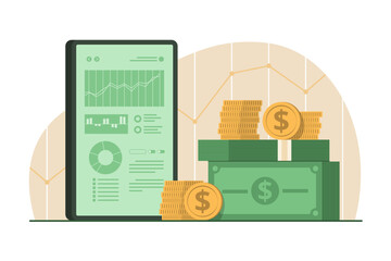 Pile of Money and Mobile Phone with Trading Graph for Online Investment Concept Illustration