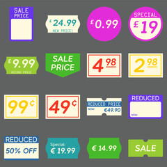 Set of Sale Stickers Retro Design. Cool Reduced labels. Vector New Price Badges.