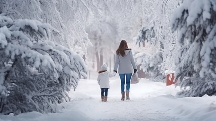 Happy family enjoying snowy weather outdoor, mom with little son hugging during walk in winter park