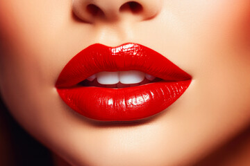 Obraz premium Passionate red lips close up. Beautiful perfect makeup - cosmetic beauty procedures. Sexy woman red lips