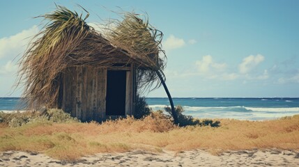 Abandoned wooden beach hut that fell into ruin, overgrown hermit hideaway on a sandy ocean shore, stunning wide panoramic sea view, warm tropical summer tiny home.