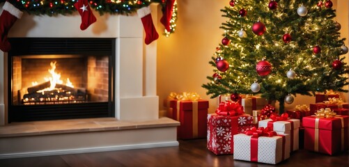 Christmas tree with gifts and decorations in a cozy room with fireplace in christmas night