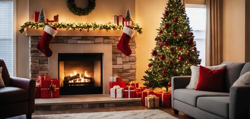 Christmas tree with gifts and decorations in a cozy room with fireplace in christmas night