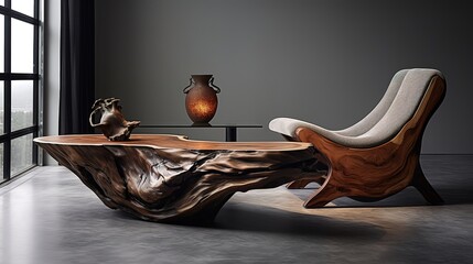 Unique hand crafted sofa made from tree trunk against white wall with decorative abstract tree as wall decor. Rustic home interior design of modern living room