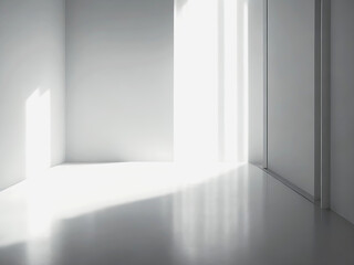 Light gray wall and smooth floor with interesting light reflections. AI generated.