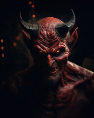 Scary devil with horns on a black background. Halloween concept. Created with Generative AI tools - obrazy, fototapety, plakaty