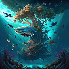 Sharks live with underwater plants and various fish.