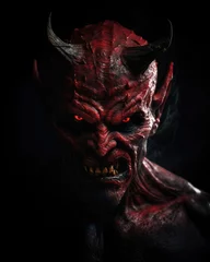Fotobehang Creepy halloween devil with horns and blood on black background. Created with Generative AI tools © DIGITALSHAPE
