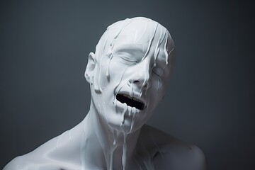 Close up of a white melting mannequin head with open mouth. Created with Generative AI tools