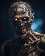 Scary zombie man with glowing eyes on dark background. Halloween concept. Created with Generative AI tools