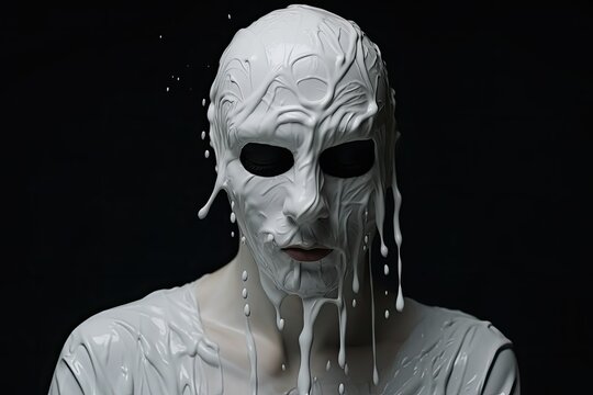 Close-up portrait of a white alien in a white mask on a black background. Created with Generative AI tools