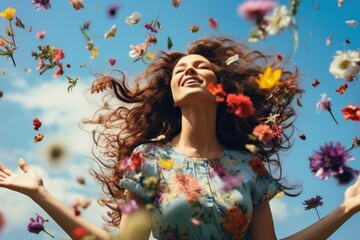 Happy young woman with flying flowers in her hair over blue sky background. Created with Generative AI tools