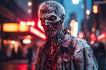 Fototapeta na wymiar Zombie man in the city at night. Halloween. Horror. Created with Generative AI tools