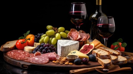 Charcuterie plate with sausage, salami, cheese, berries, olives on Italian table with wine, cheese and salumi.