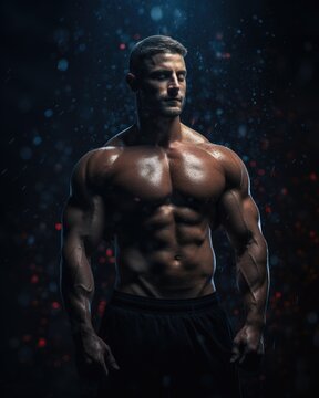 Handsome young muscular Caucasian man of model appearance posing in studio on black background with rain drops. Bodybuilding concept. Created with Generative AI tools