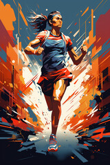 frontal view of a woman running on the street. Vector graphic with strong colors.