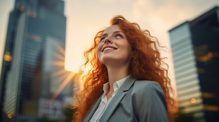 Happy wealthy rich successful ginger businesswoman standing in big city modern skyscrapers street on sunset thinking of successful vision, dreaming of new investment opportunities.