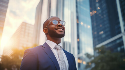 Happy wealthy rich successful black businessman standing in big city modern skyscrapers street on sunset thinking of successful vision, dreaming of new investment opportunities. - obrazy, fototapety, plakaty
