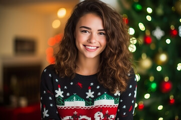 Happy young woman wearing a ugly christmas sweater