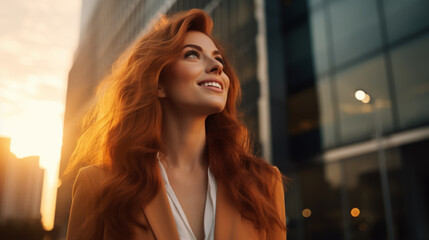 Happy wealthy rich successful ginger businesswoman standing in big city modern skyscrapers street on sunset thinking of successful vision, dreaming of new investment opportunities. - obrazy, fototapety, plakaty