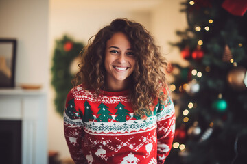 Happy young woman wearing a ugly christmas sweater