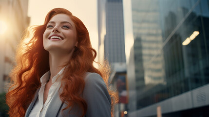 Happy wealthy rich successful ginger businesswoman standing in big city modern skyscrapers street on sunset thinking of successful vision, dreaming of new investment opportunities. - obrazy, fototapety, plakaty