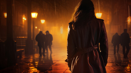 Silhouette of a young woman walking home alone at night , scared of stalker and being assault , insecurity concept