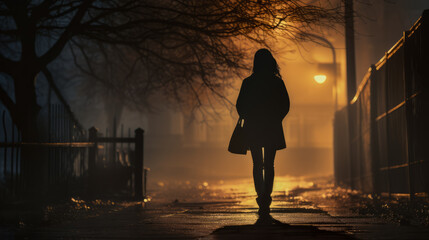 Silhouette of a young woman walking home alone at night , scared of stalker and being assault , insecurity concept - obrazy, fototapety, plakaty