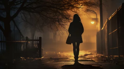 Fotobehang Silhouette of a young woman walking home alone at night , scared of stalker and being assault , insecurity concept © Keitma