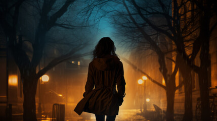 Silhouette of a young woman walking home alone at night , scared of stalker and being assault , insecurity concept - obrazy, fototapety, plakaty