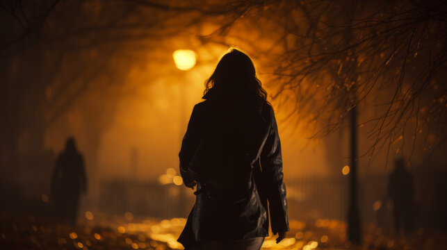 Silhouette of a young woman walking home alone at night , scared of stalker and being assault , insecurity concept