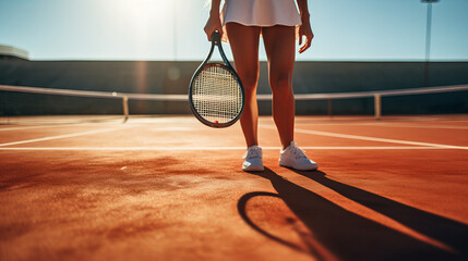 Cropped photo of Tennis player with racket on court Attractive woman in white clothing with racket on tennis court playing, copy space, 8 March, Valentine day, Birthday party - obrazy, fototapety, plakaty