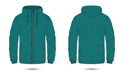 Zipper hoodie outdoor jacket front and back view, vector illustration
