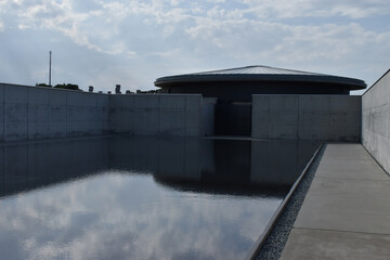 Sapporo Japan October 1 2023 The beautiful quiet water pond at the main entrance of the Takino Reien shrine temple designed by the famous Japanese architect Tadao Ando