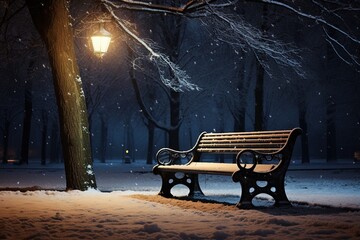 Bench in the park on a winter night - obrazy, fototapety, plakaty