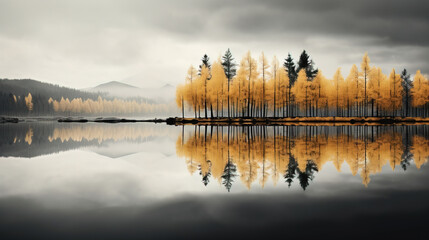 autumn landscape with lake and trees, reflection of trees in water - obrazy, fototapety, plakaty