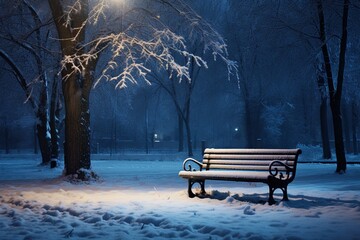 Bench in the park on a winter night - Powered by Adobe