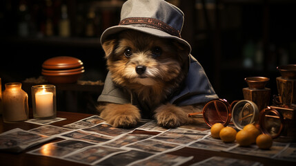 An amusing picture of a Yorkie wearing a detective's hat and magnifying glass, appearing to investigate a mysterious 