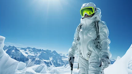 Gartenposter Young woman portrait in skii goggles ready for skiing, extreme sport activities, winter holidays in the mountains resort, copy space © Viktorikus